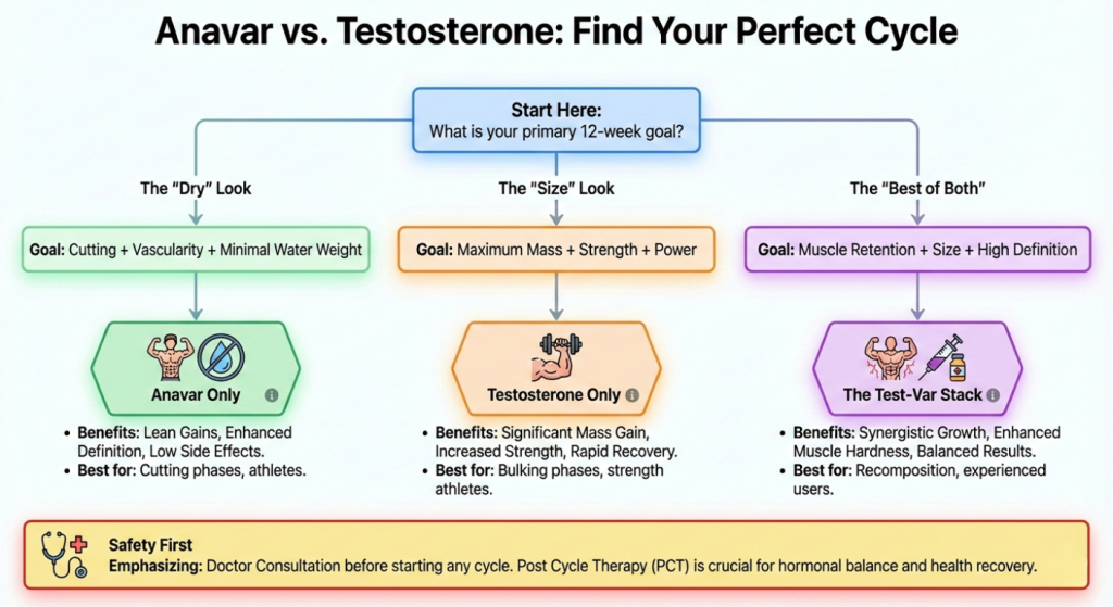 Fluxograma comparando ciclos de Anavar vs testosterona